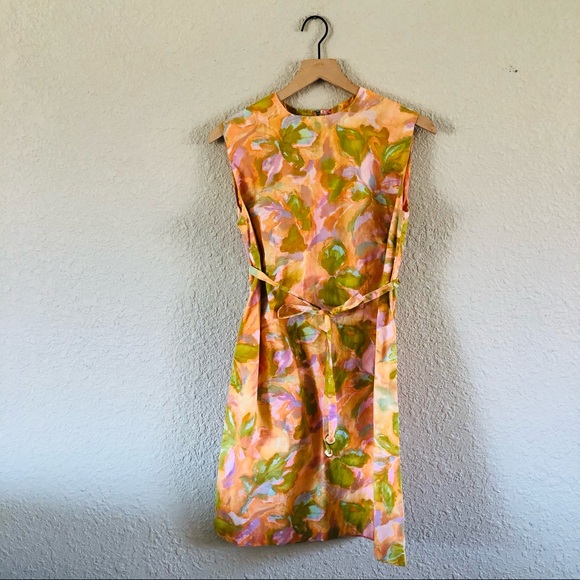 Vintage Dresses & Skirts - Vintage 1960s Shift Dress Orange Pink Green Print
